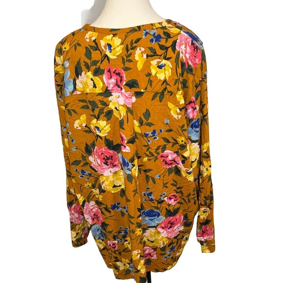 Old Navy FLORAL Print Long Sleeve Popover Rayon Blouse Gold Blue Sz XXL NEW - Picture 4 of 11